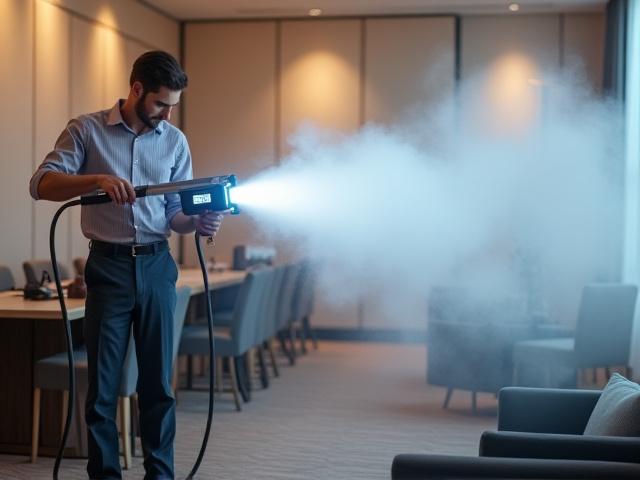 オゾンスプレーで空間を消臭するスタッフ