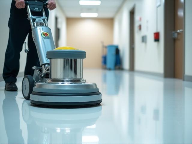 専門機材で床を研磨するスタッフ